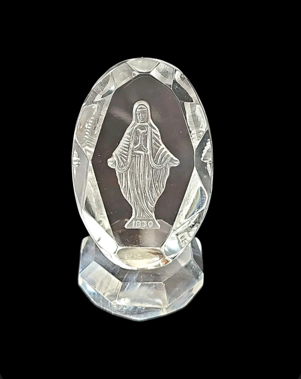 Oddly Darling Vintage clear crystal Miraculous Medal figurine with 3D laser-etched Virgin Mary and 1830 inscription.