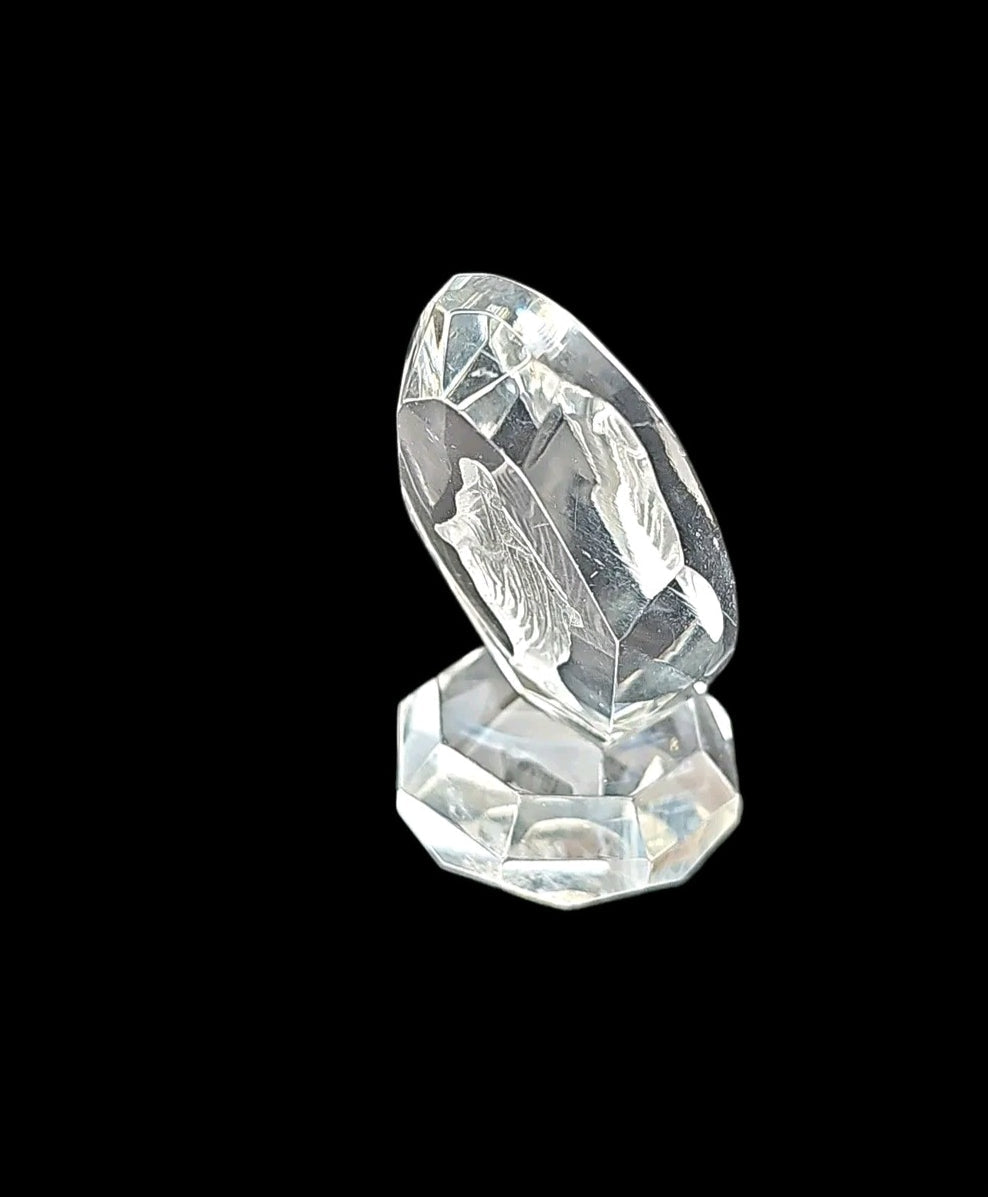 Oddly Darling Vintage clear crystal Miraculous Medal figurine with 3D laser-etched Virgin Mary and faceted base.