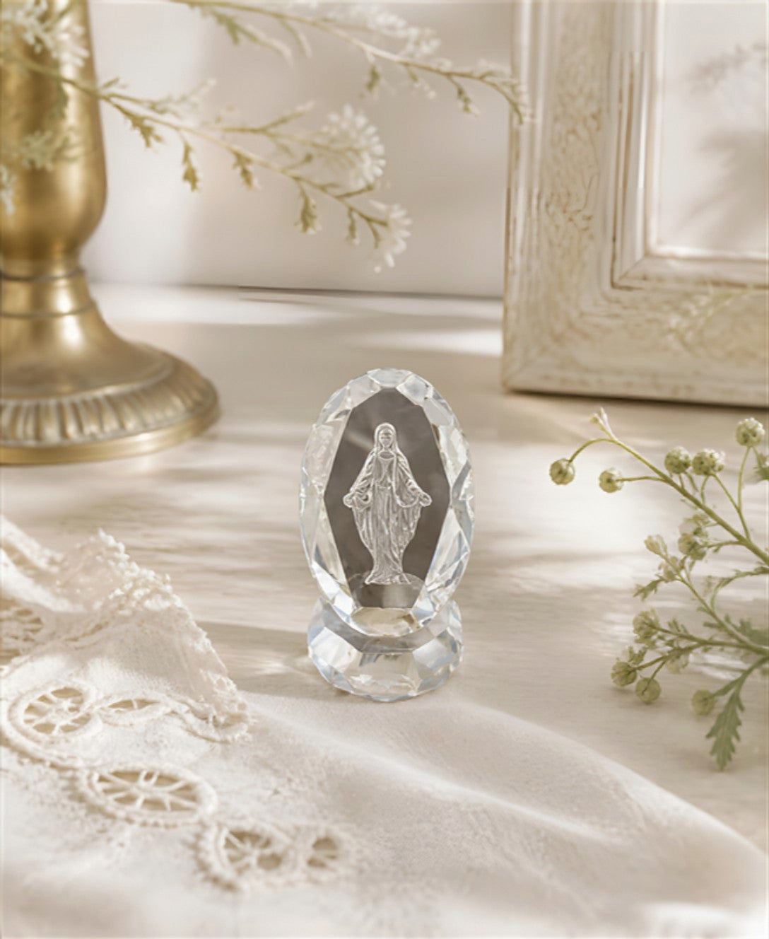 Oddly Darling Vintage clear crystal Miraculous Medal figurine with 3D laser-etched Virgin Mary on a faceted base.