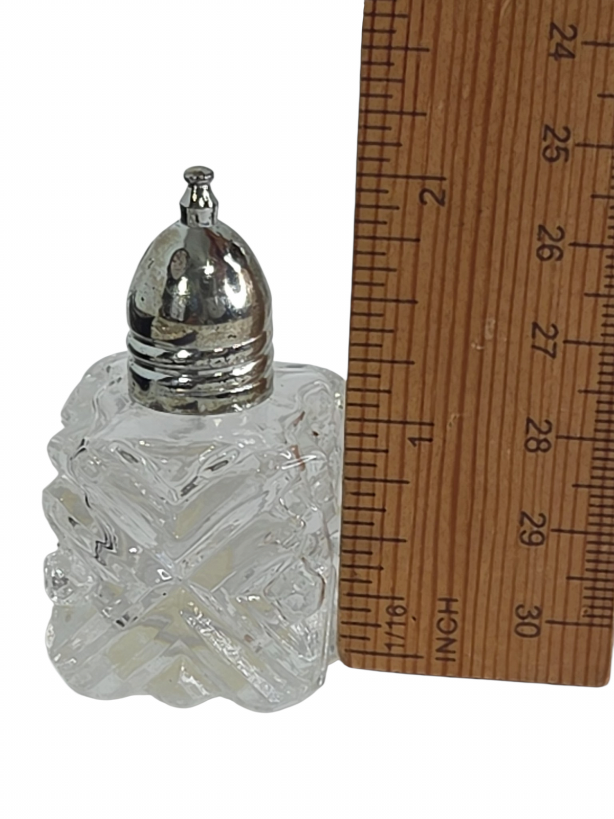 Oddly Darling Vintage F.B. Rogers Silver Company miniature cut-glass salt shaker with a polished silver-plated lid.