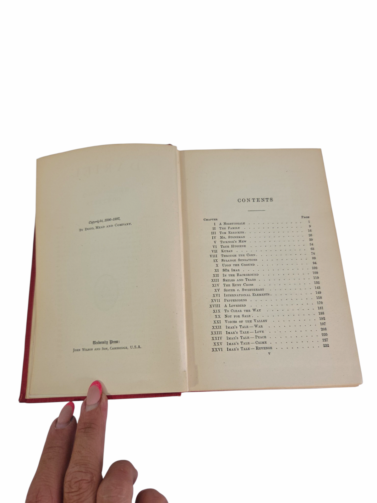Oddly Darling Vintage Dariel book contents page showing chapter list and 1896 publication details in a hardcover