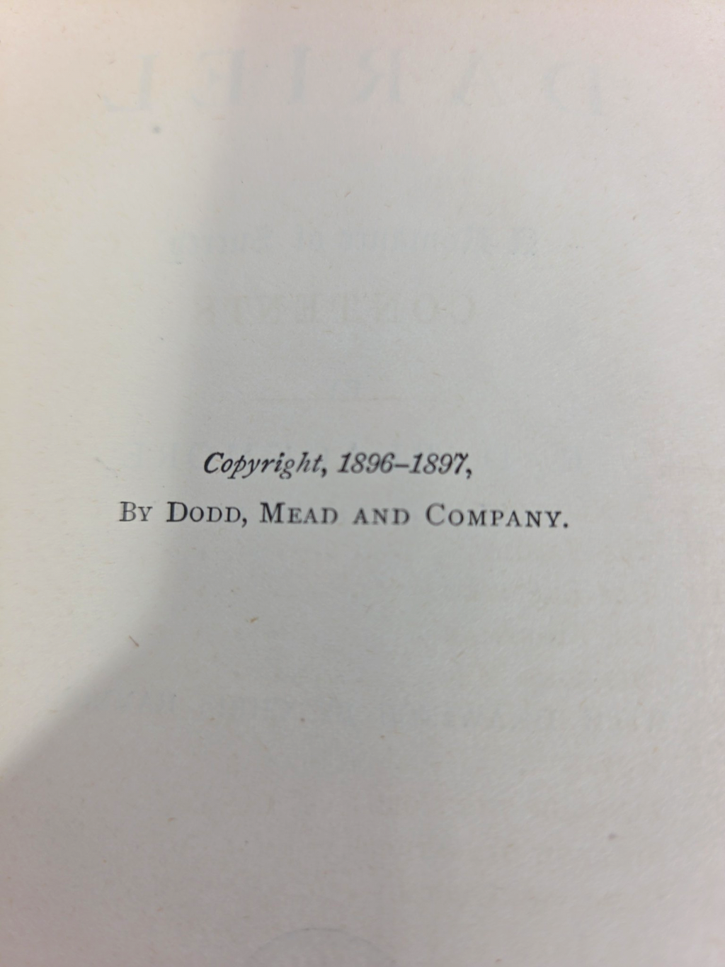 Oddly Darling Vintage 1896-1897 copyright page from the antique book Dariel A Romance of Surrey by Dodd Mead and Company