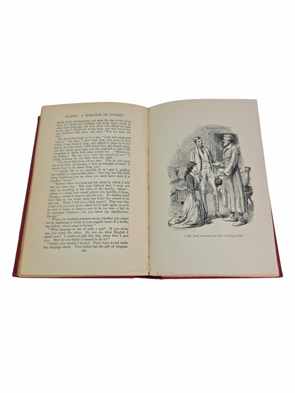 Oddly Darling Vintage antique Dariel book open to a page with a black and white illustration of three figures
