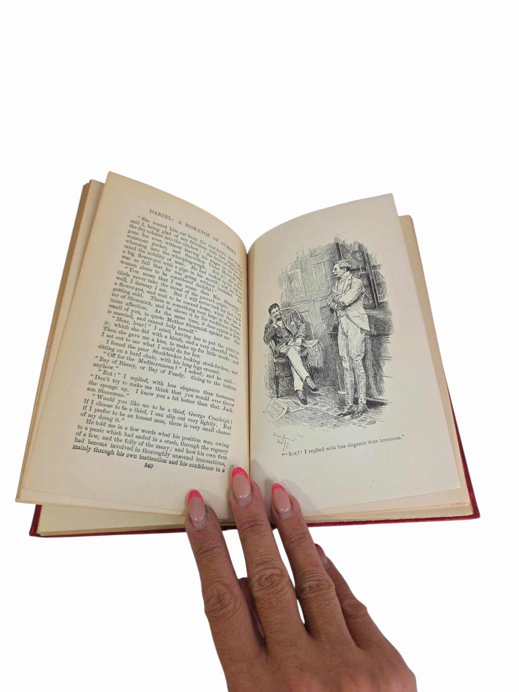 Oddly Darling Vintage Dariel A Romance of Surrey book open to an illustrated page with classic Victorian typography
