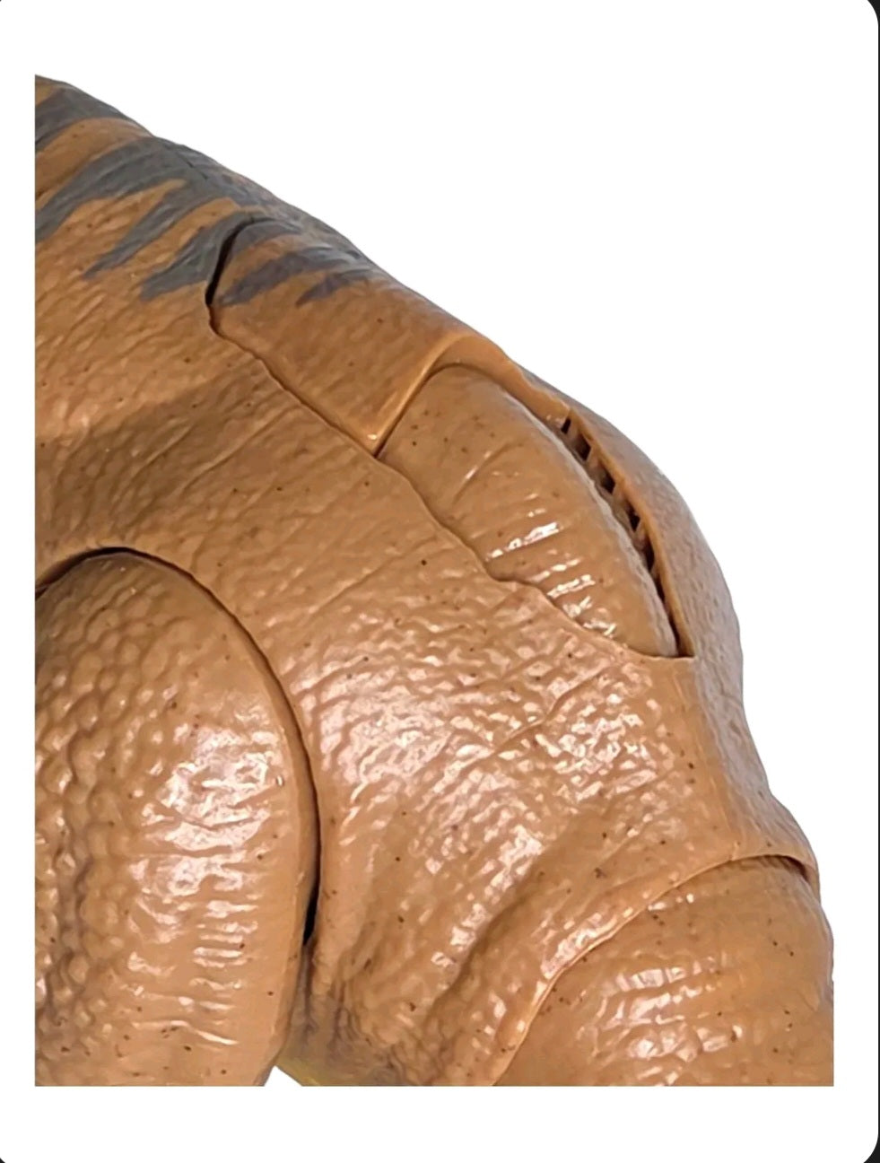 Close-up of the textured brown skin and action button area on the Pentaceratops dinosaur figure