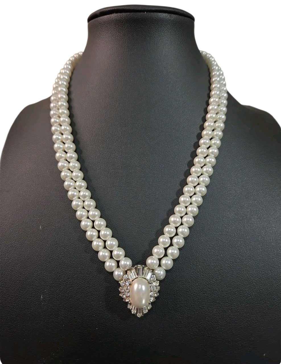 Oddly Darling Vintage double-strand cream faux pearl necklace with a crystal-encrusted oval brooch pendant