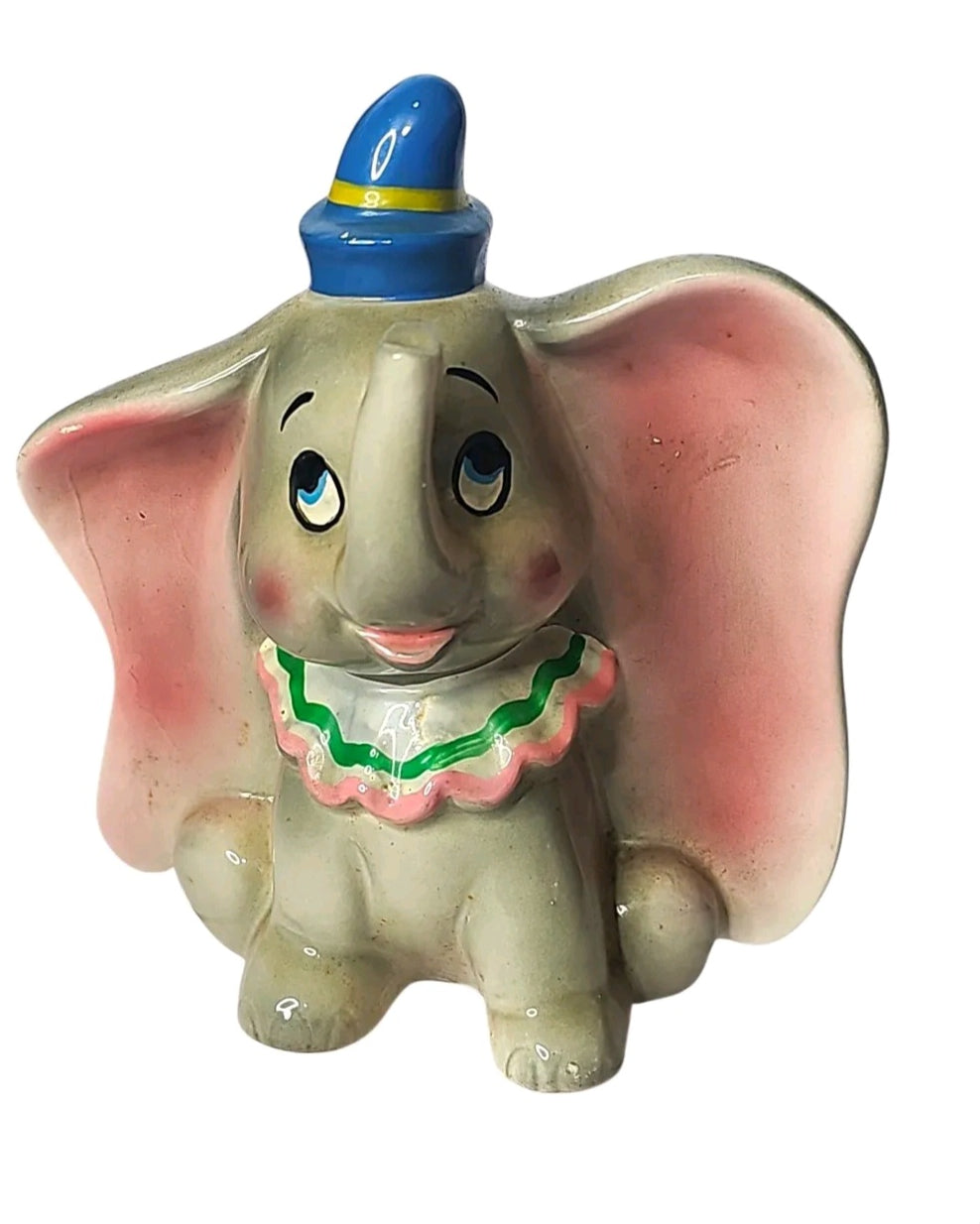 Oddly Darling Vintage Dumbo ceramic figurine with oversized ears, blue hat, and ruffled collar in high-gloss finish.