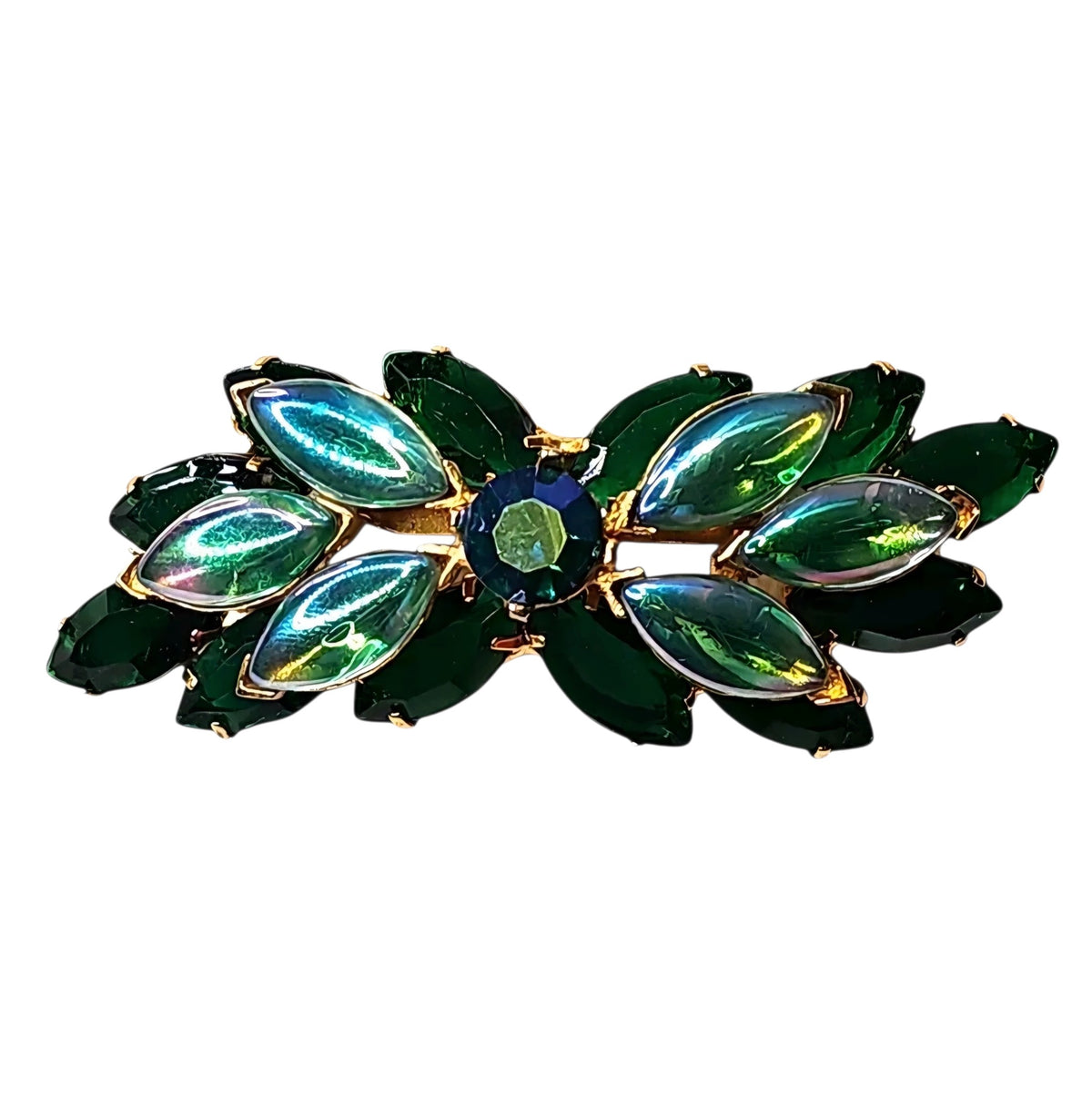 Oddly Darling Vintage brooch featuring emerald green marquise stones and iridescent accents in a gold-tone setting.