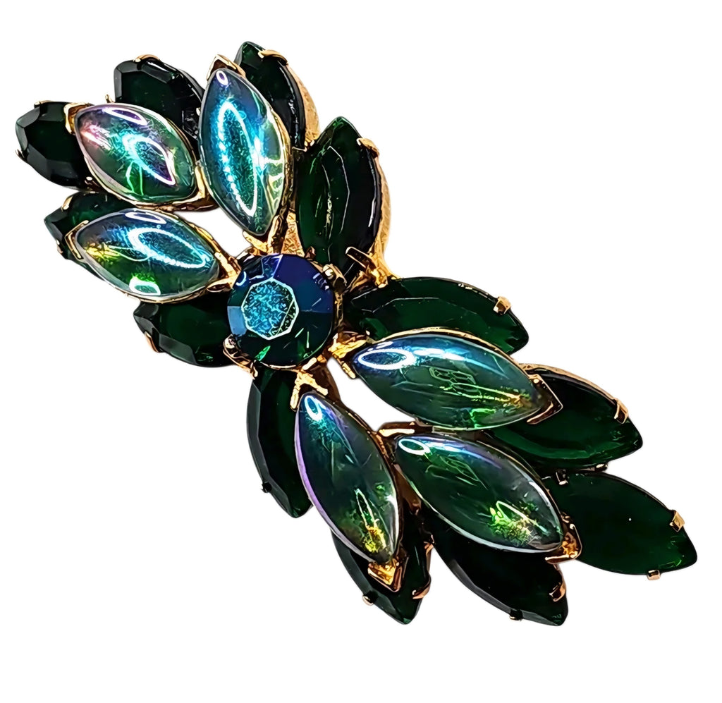 Oddly Darling Vintage brooch featuring emerald green marquise stones and iridescent accents in a gold-tone metal setting.