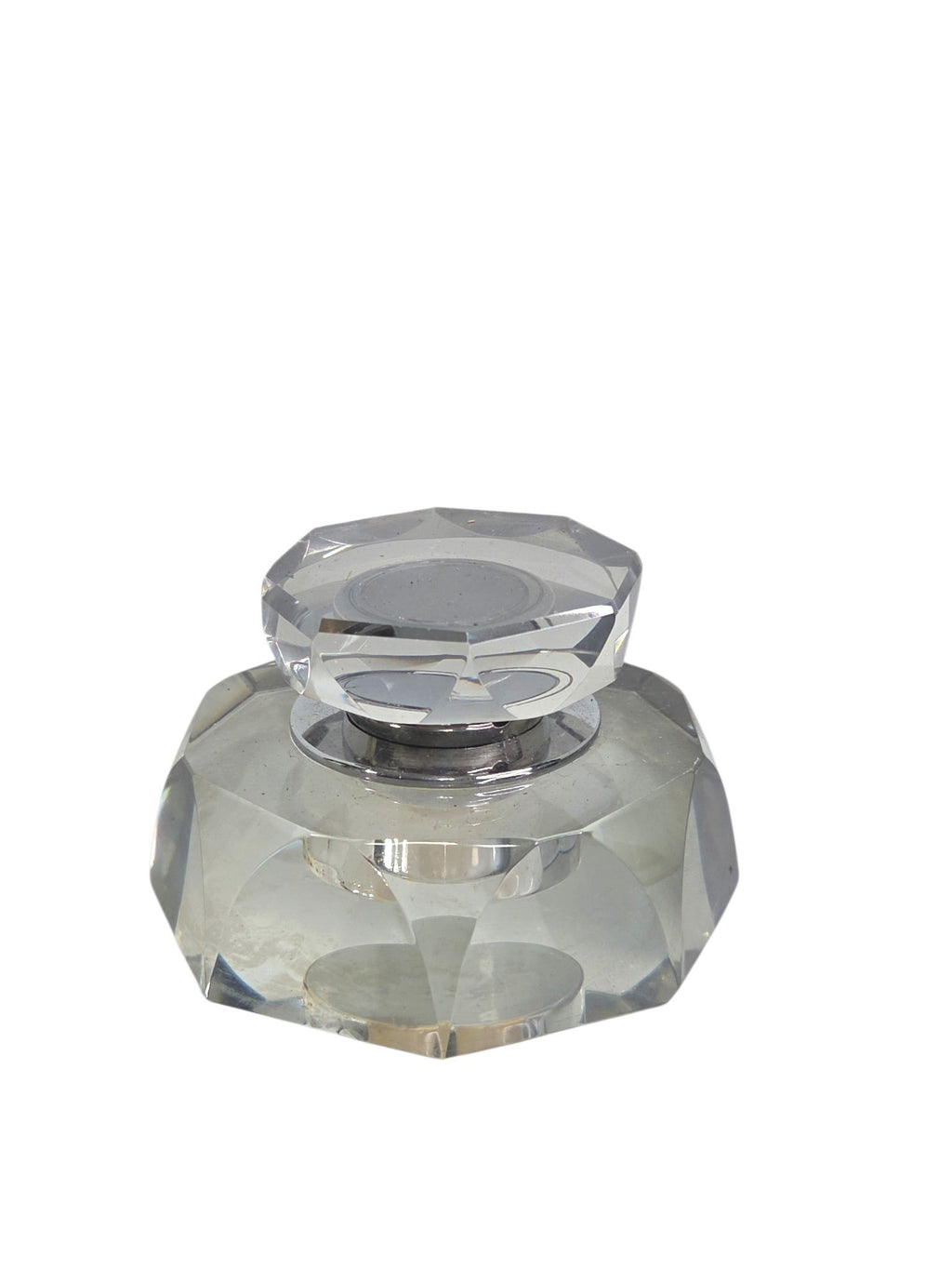 Oddly Darling Vintage clear faceted glass inkwell with a secure lid, perfect for a classic desk accessory.