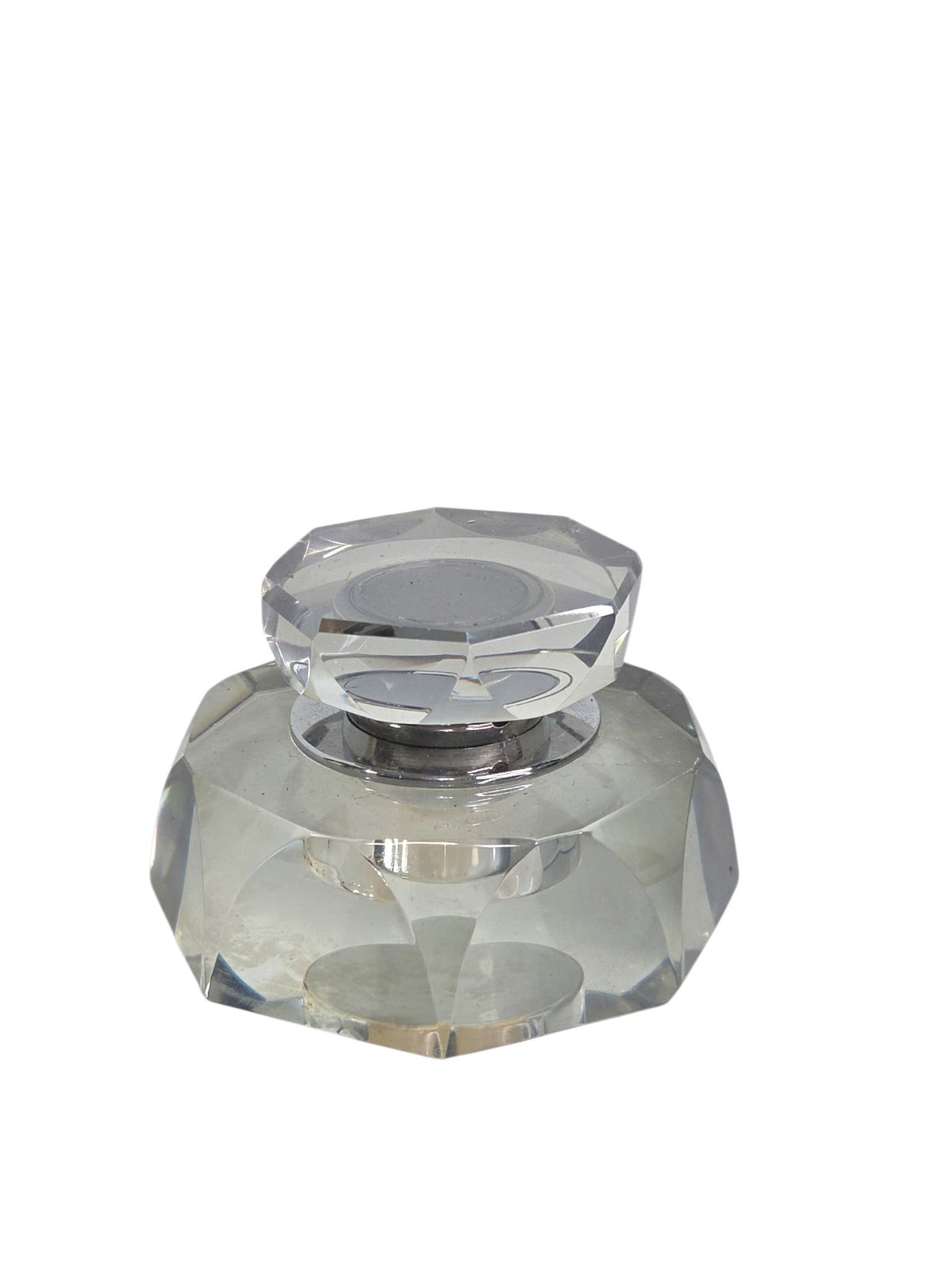 Oddly Darling Vintage clear faceted glass inkwell with a secure lid, perfect for a classic desk accessory.