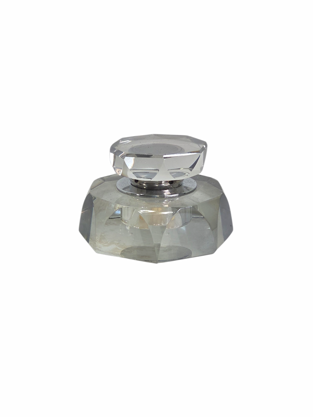 Oddly Darling Vintage faceted clear glass inkwell with a geometric lid, perfect for a classic desk accessory.