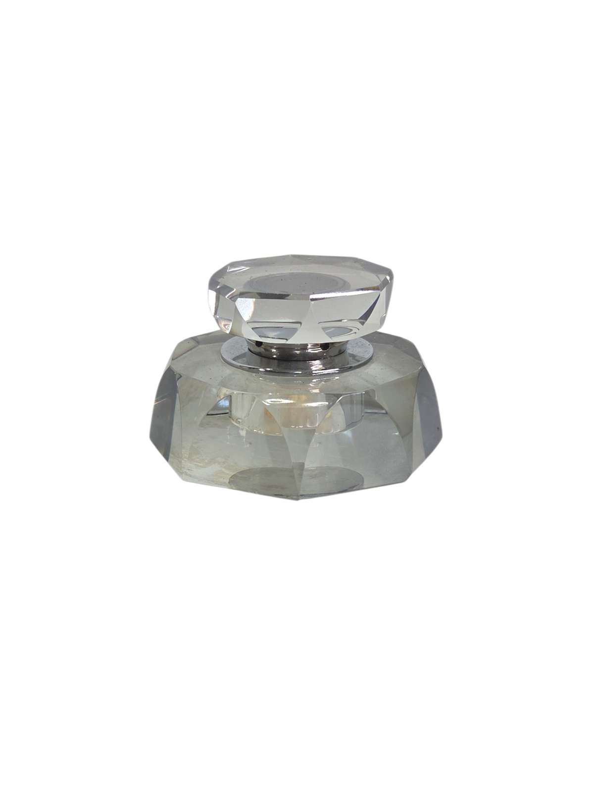 Oddly Darling Vintage faceted clear glass inkwell with a geometric lid, perfect for a classic desk accessory.