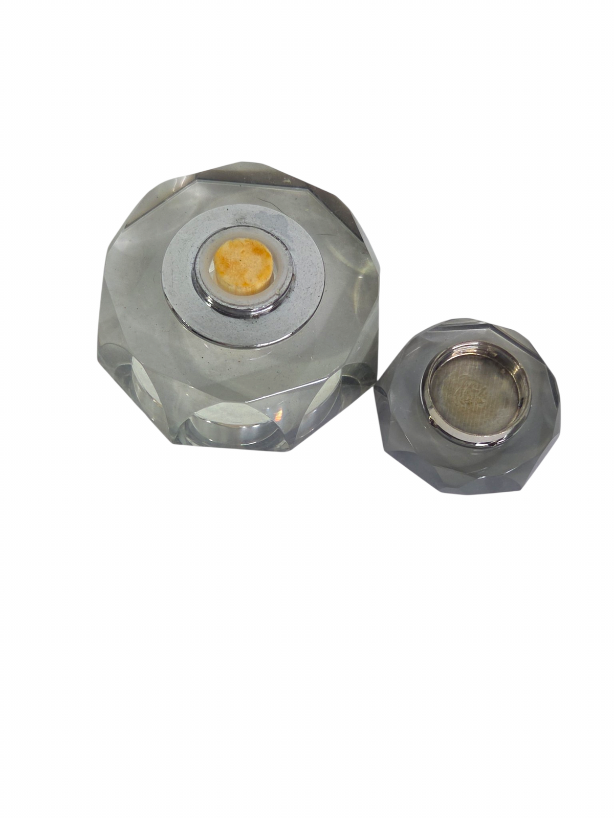 Oddly Darling Vintage faceted clear glass inkwell with a removable lid, shown from a top-down perspective.