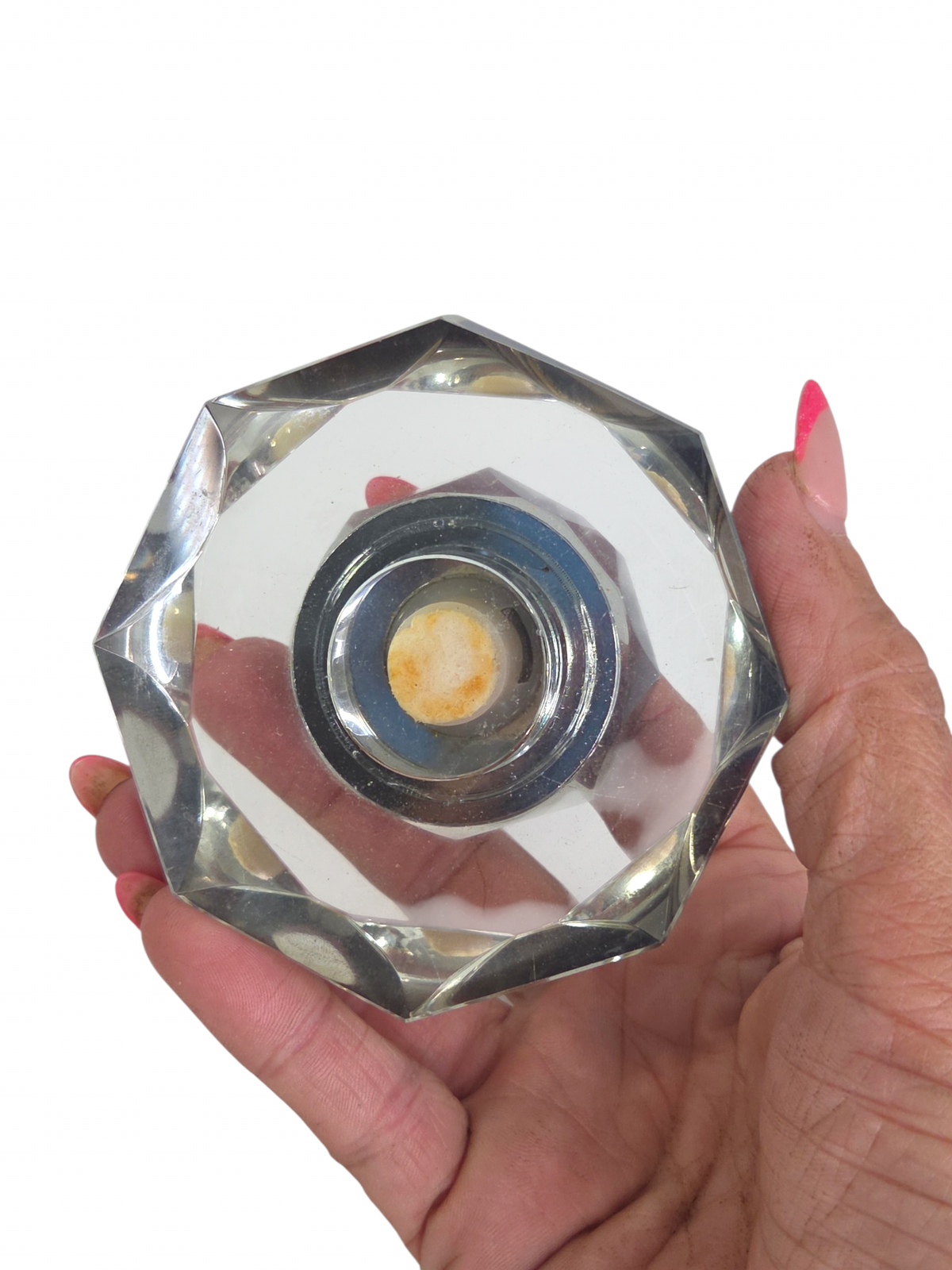 Oddly Darling Vintage clear faceted glass inkwell held in hand, showcasing geometric design and cork stopper