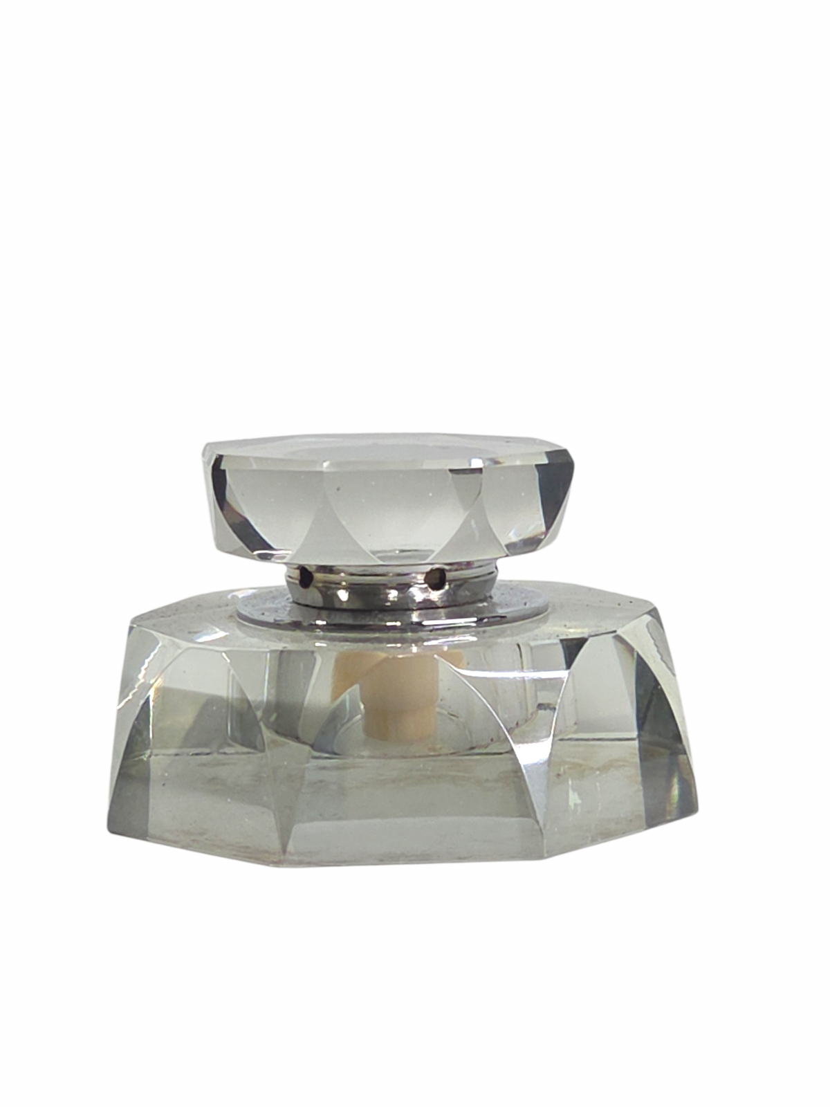 Oddly Darling Vintage faceted clear glass inkwell with a geometric crystal lid for a desk or writing bureau.