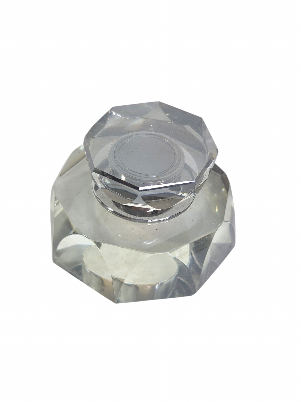 Oddly Darling Vintage clear faceted glass inkwell with a secure lid for a sophisticated desk accessory.