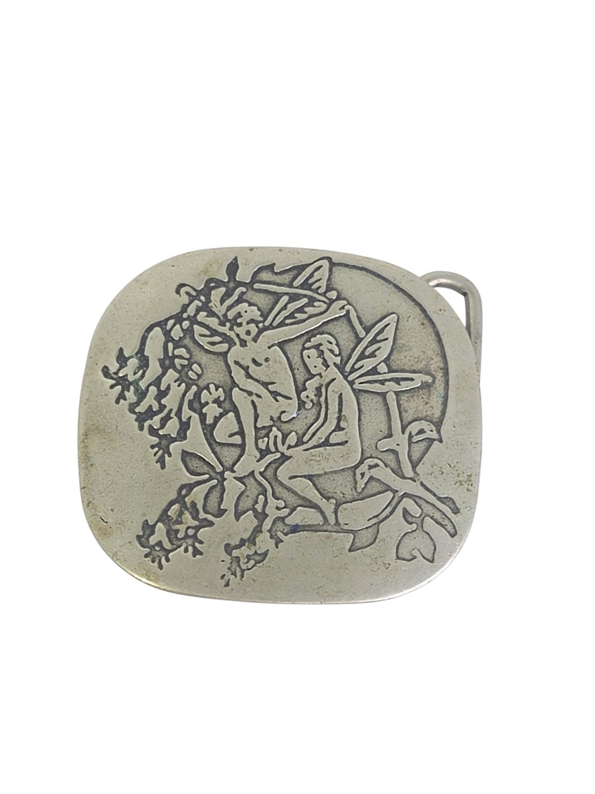 Oddly Darling Vintage silver-toned belt buckle featuring an intricate embossed fairy and foliage design.