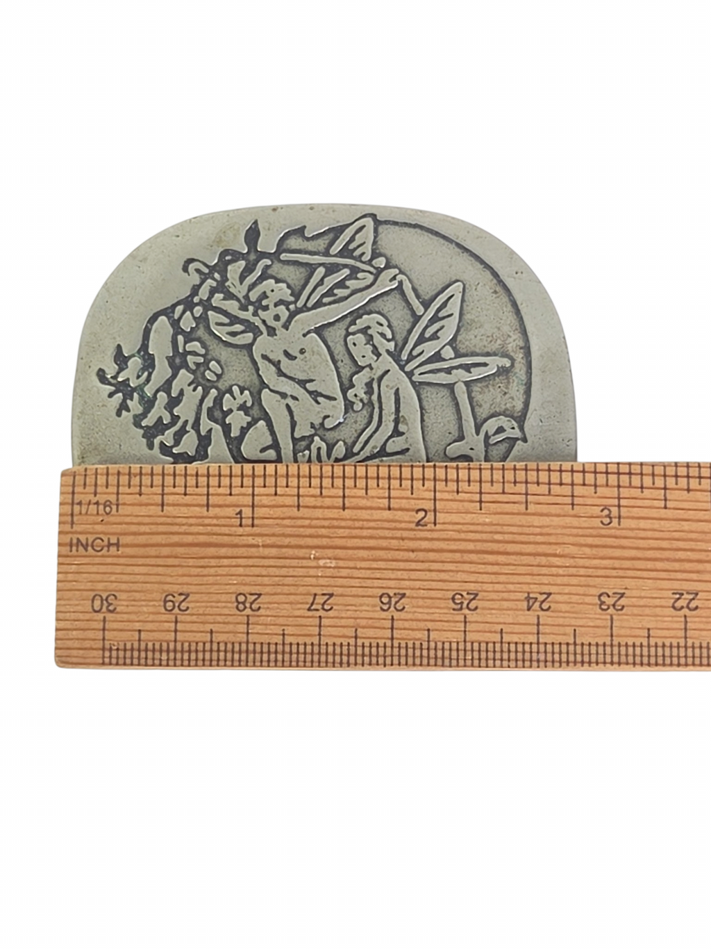 Oddly Darling Vintage silver-toned belt buckle with embossed fairy and foliage design, measured with a wooden ruler.