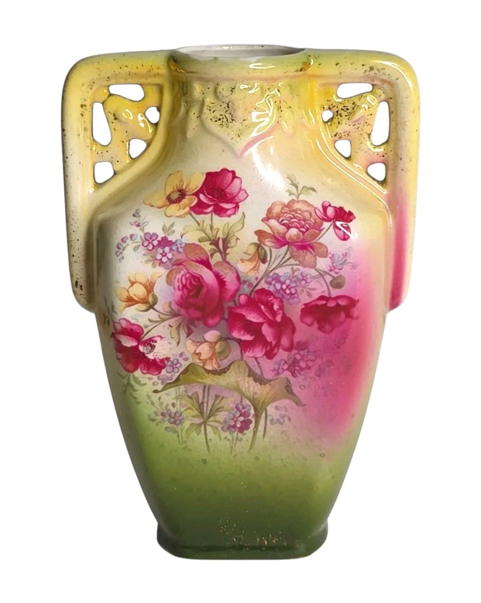 Oddly Darling Vintage ceramic vase with hand-painted roses, floral motif, and decorative cut-out handles.