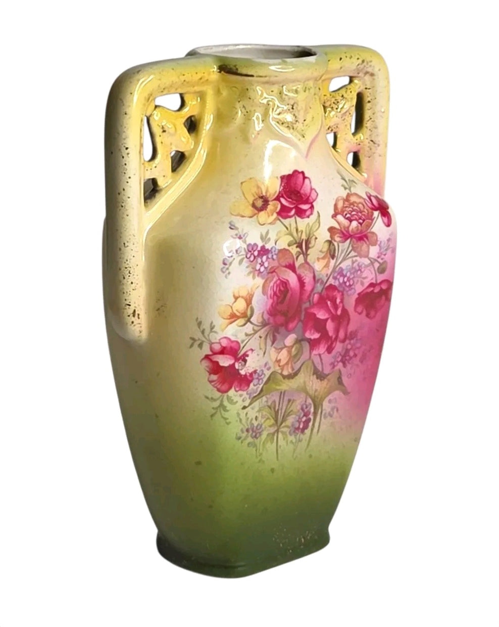 Oddly Darling Vintage ceramic vase featuring hand-painted roses and floral motifs with unique cut-out side handles.