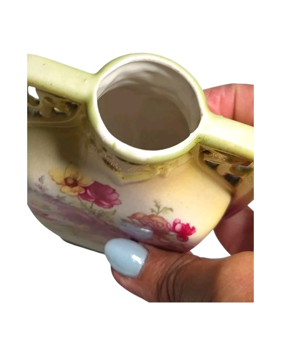 Oddly Darling Vintage ceramic vase featuring hand-painted roses and delicate cut-out handles in cream and moss green