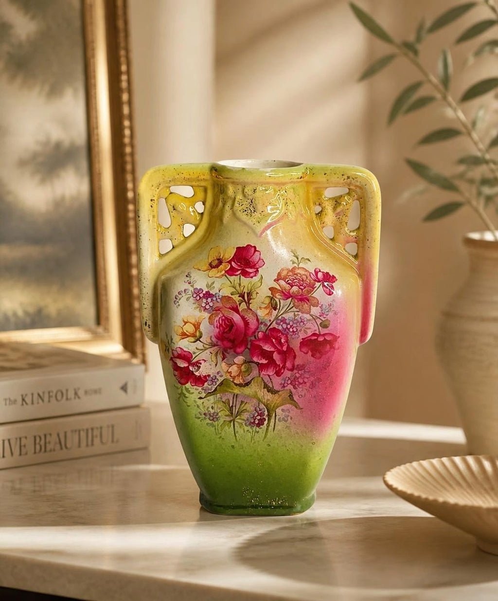 Oddly Darling Vintage ceramic vase with hand-painted roses, green and yellow gradient, and ornate cut-out handles.