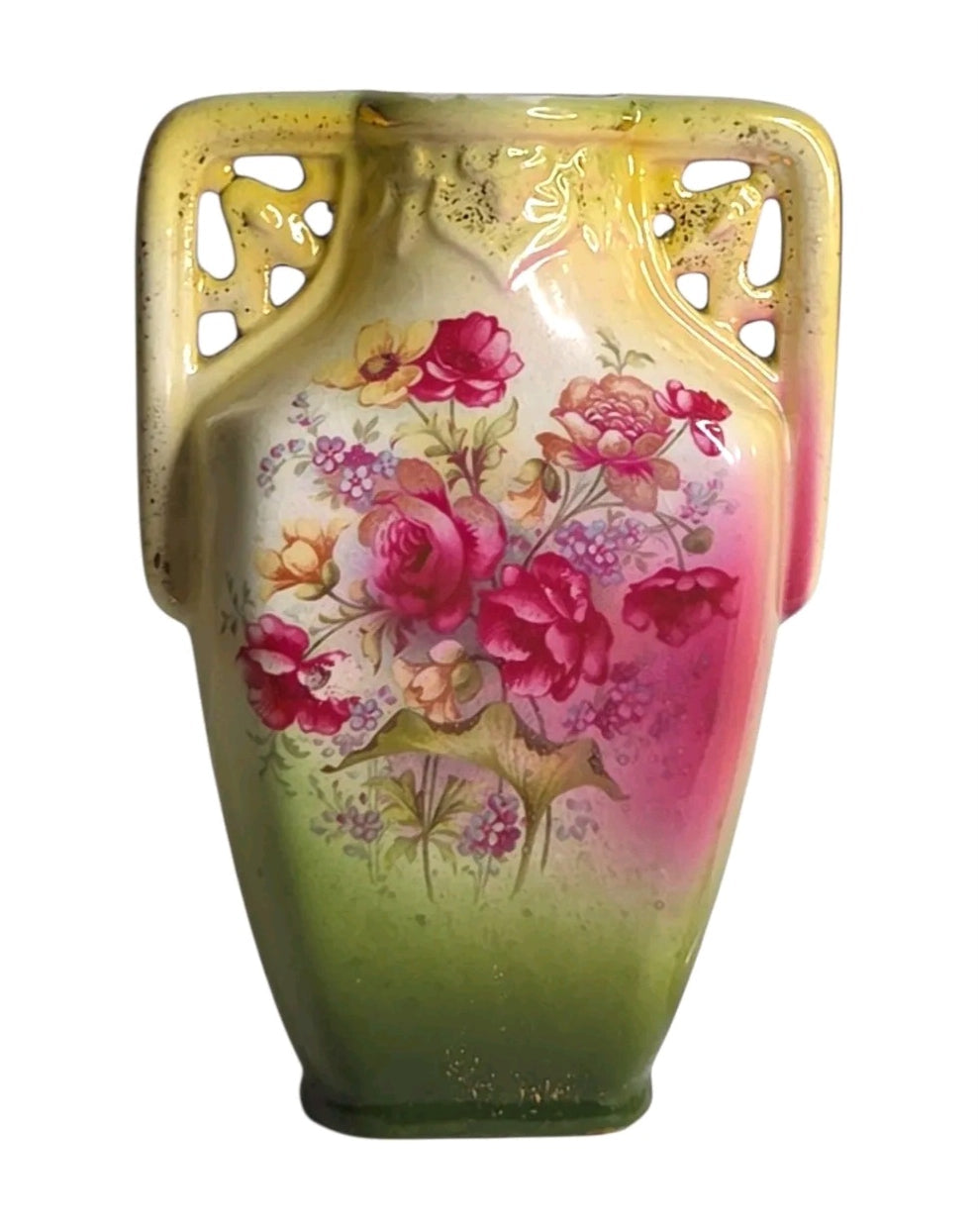 Oddly Darling Vintage ceramic vase featuring hand-painted roses and cut-out handles in cream, yellow, and moss green.