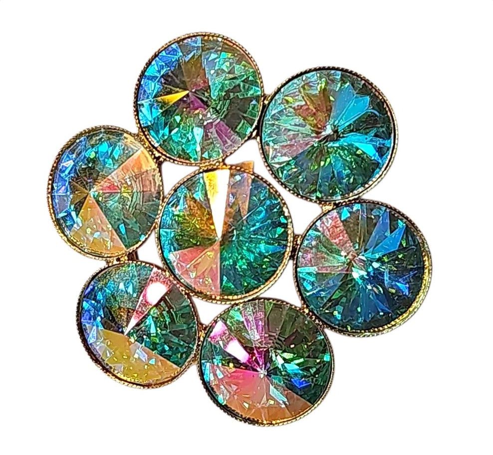 Oddly Darling Vintage floral cluster brooch featuring iridescent teal and gold crystals in a polished gold-tone setting