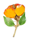 Oddly Darling Vintage floral brooch with yellow and orange enamel petals and green leaves on a gold-tone metal stem.