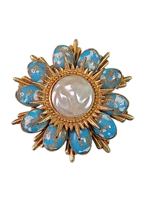 Oddly Darling Vintage floral statement brooch with a central cabochon surrounded by marbled turquoise stones in gold.