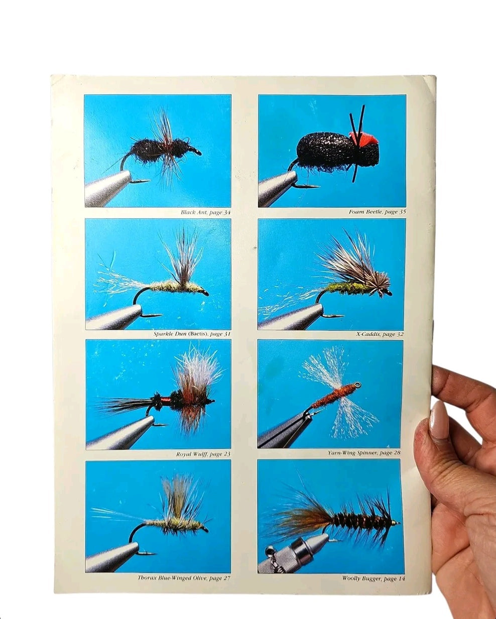 Oddly Darling Vintage instructional guidebook page showing step-by-step photos of eight different fly fishing lures.