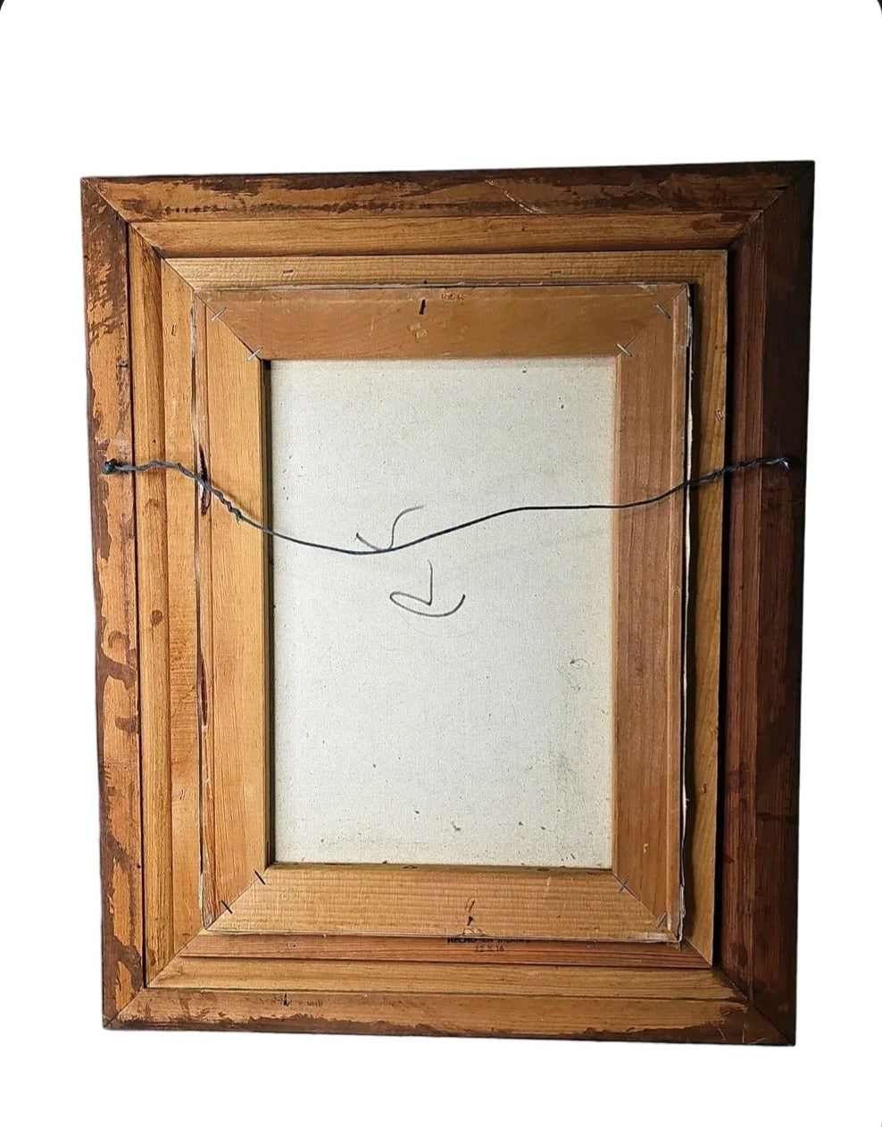 Back view of an Oddly Darling Vintage framed oil painting showing the dark wood frame and wire hanging hardware.