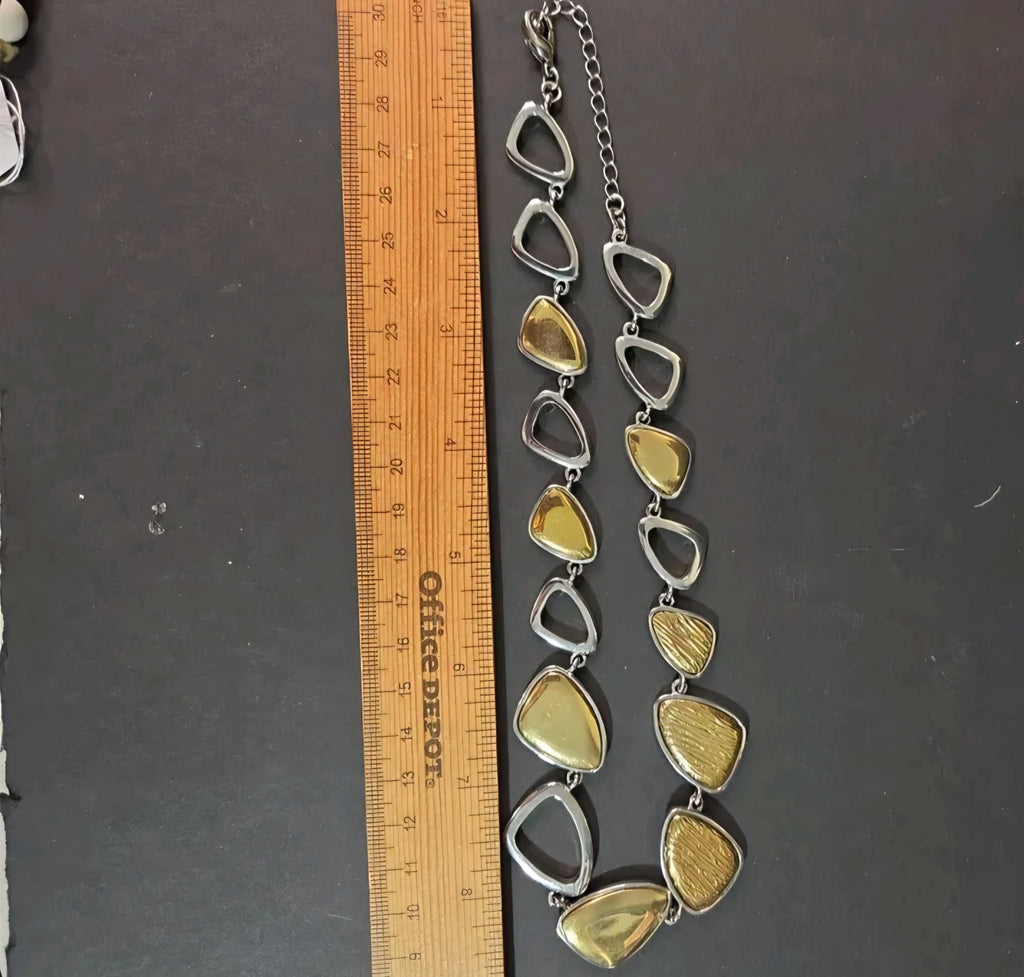 Oddly Darling Vintage geometric link statement necklace featuring alternating polished silver and textured gold tones.