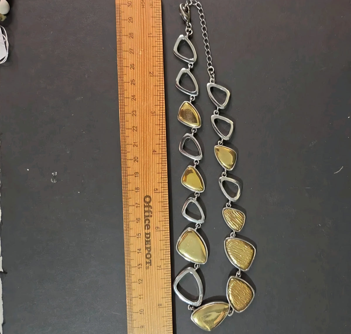 Oddly Darling Vintage geometric link statement necklace featuring alternating polished silver and textured gold tones.