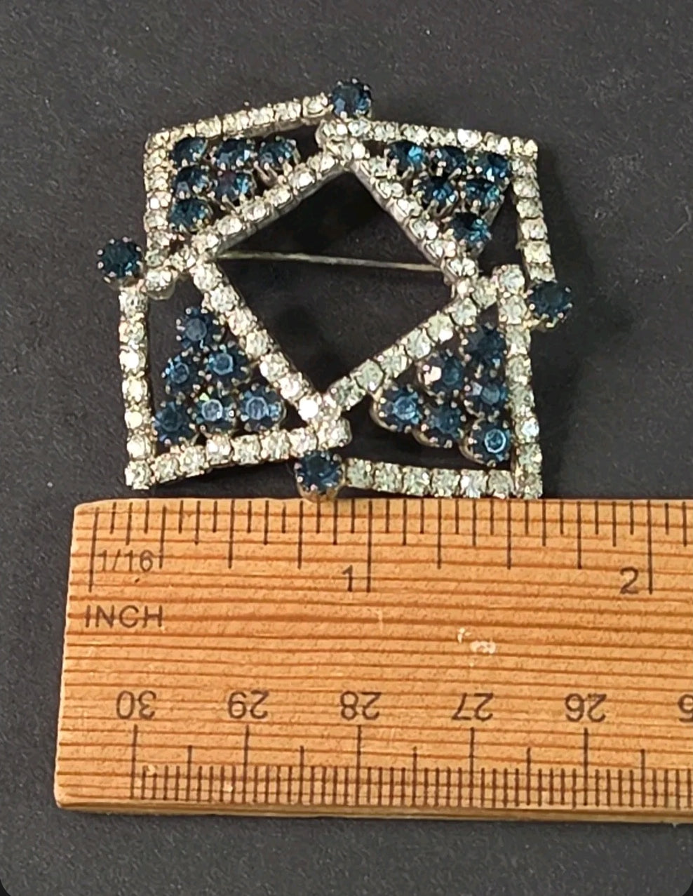 Oddly Darling Vintage geometric brooch with clear and blue rhinestones in a square-within-a-square design.