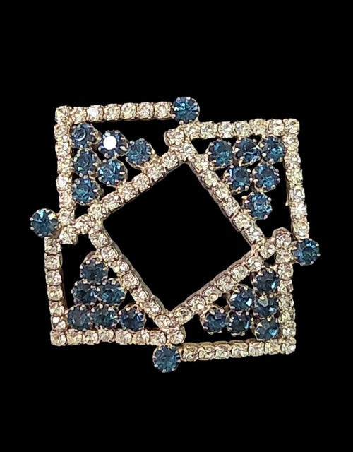 Oddly Darling Vintage geometric brooch featuring clear crystals and blue stones in a square-within-a-square design.