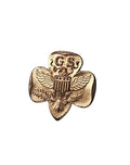 Oddly Darling Vintage gold-tone Girl Scouts trefoil pin featuring an eagle and shield emblem on a white background.