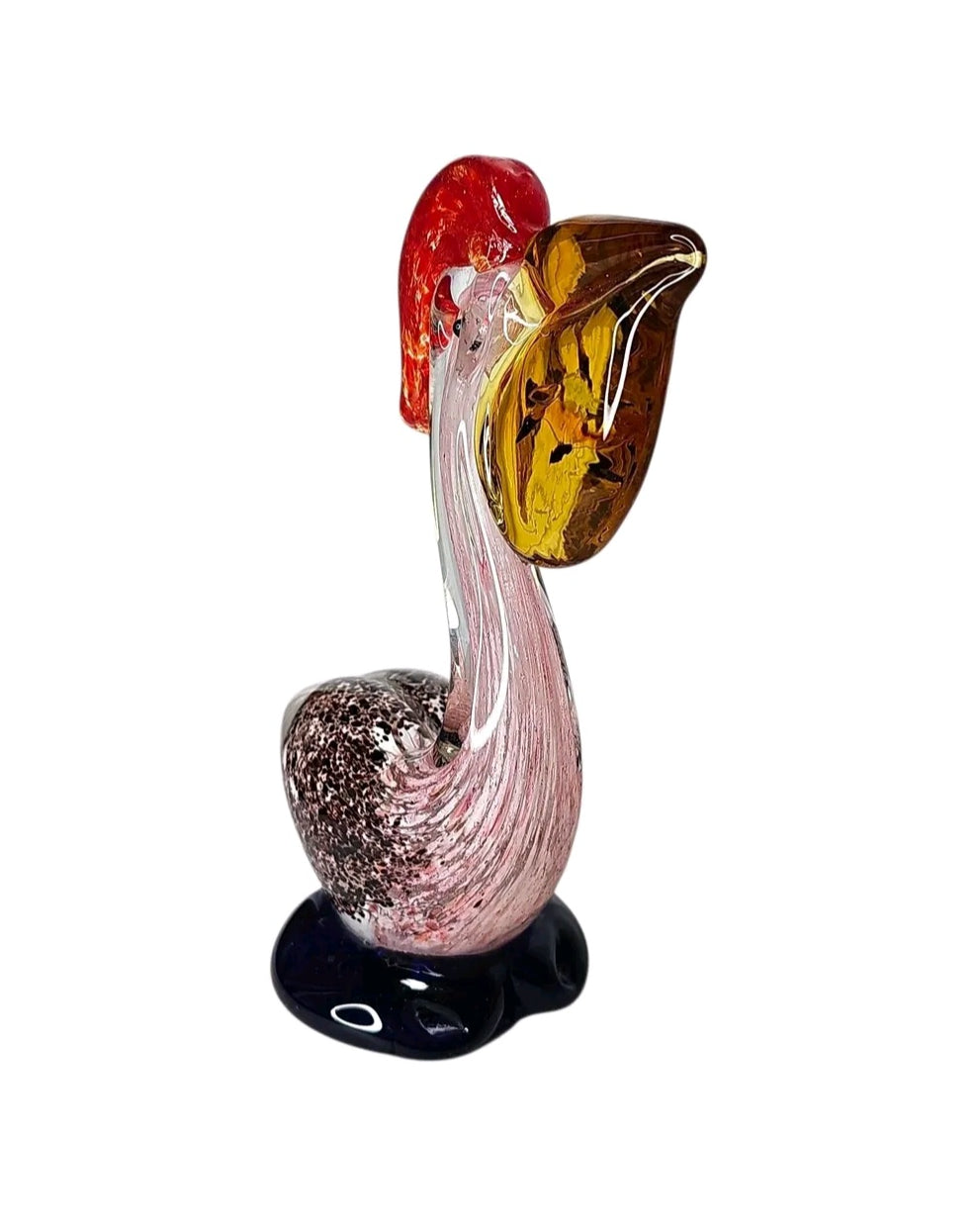 Oddly Darling Vintage hand blown glass pelican figurine with a yellow beak, red crest, and pink speckled body.