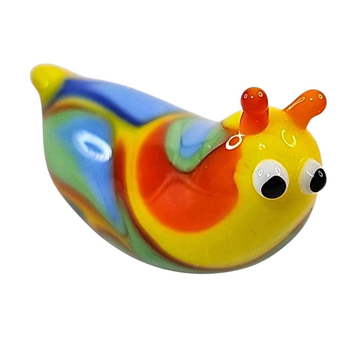 Oddly Darling Vintage handcrafted glass snail figurine with vibrant yellow, orange, blue, and green swirling colors.