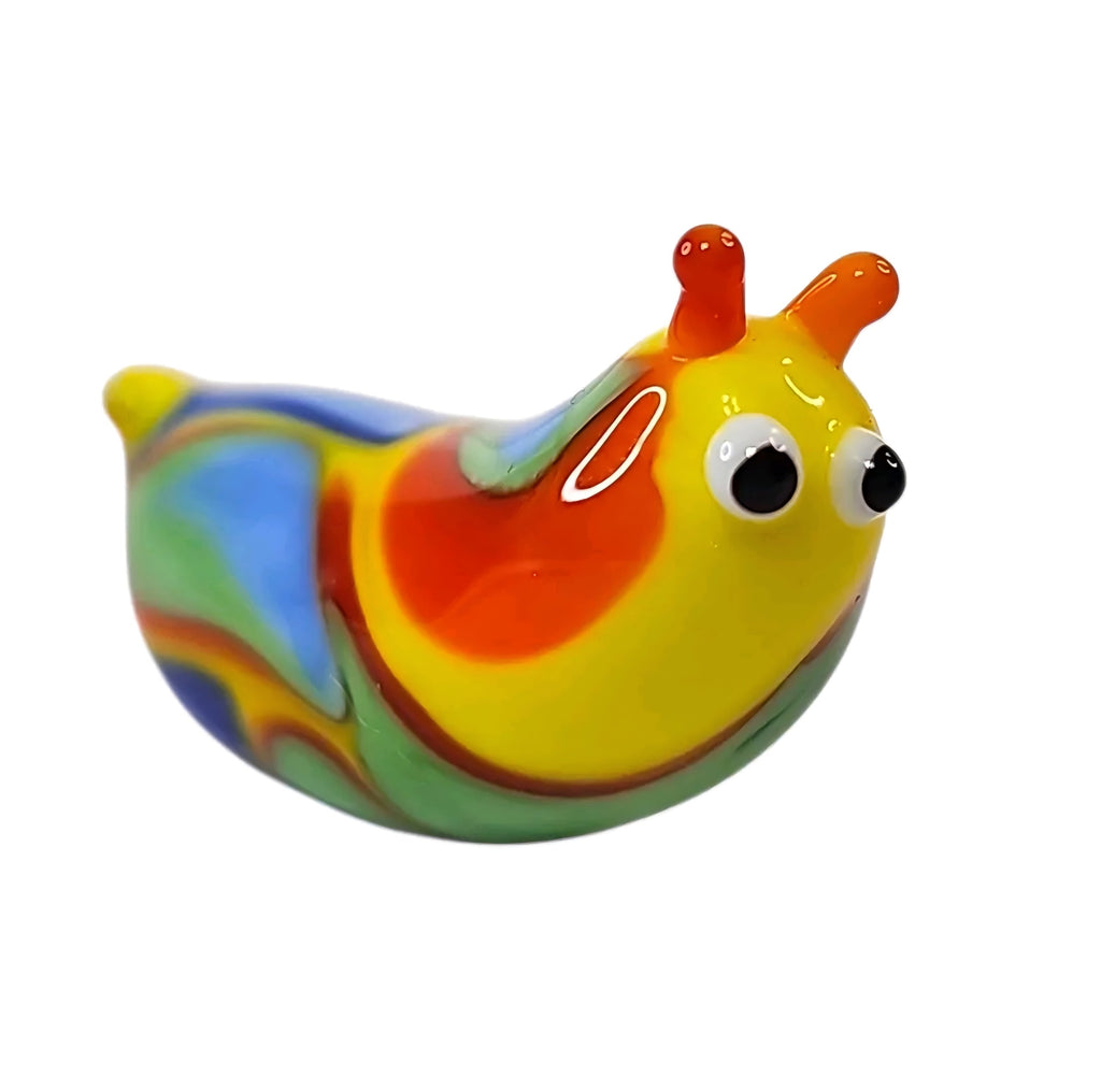 Oddly Darling Vintage handcrafted glass snail figurine with vibrant yellow, orange, blue, and green swirling colors.