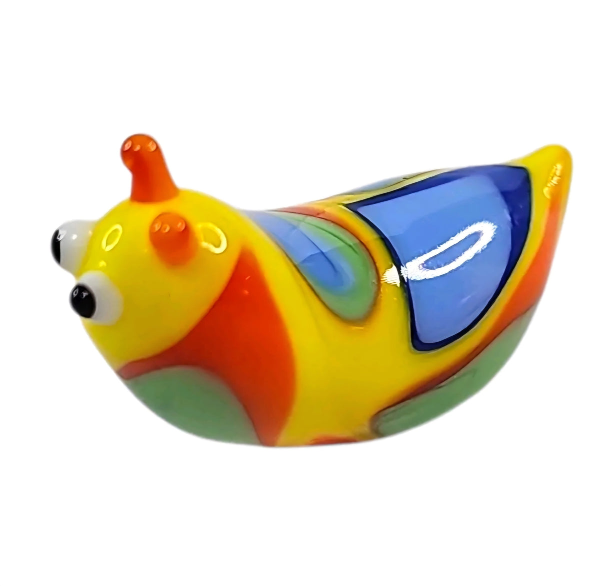 Oddly Darling Vintage handcrafted glass snail figurine with vibrant yellow, orange, blue, and green swirl patterns.