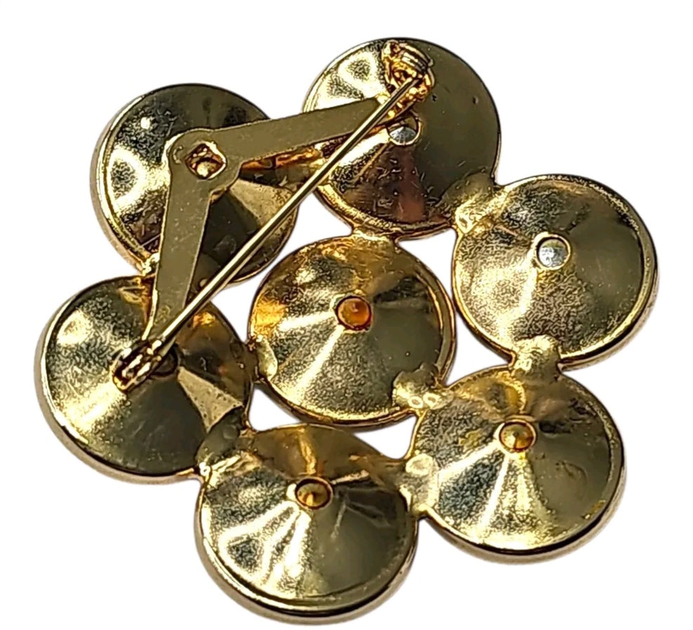 Oddly Darling Vintage gold-tone floral cluster brooch back view showing the secure pin closure and metal setting