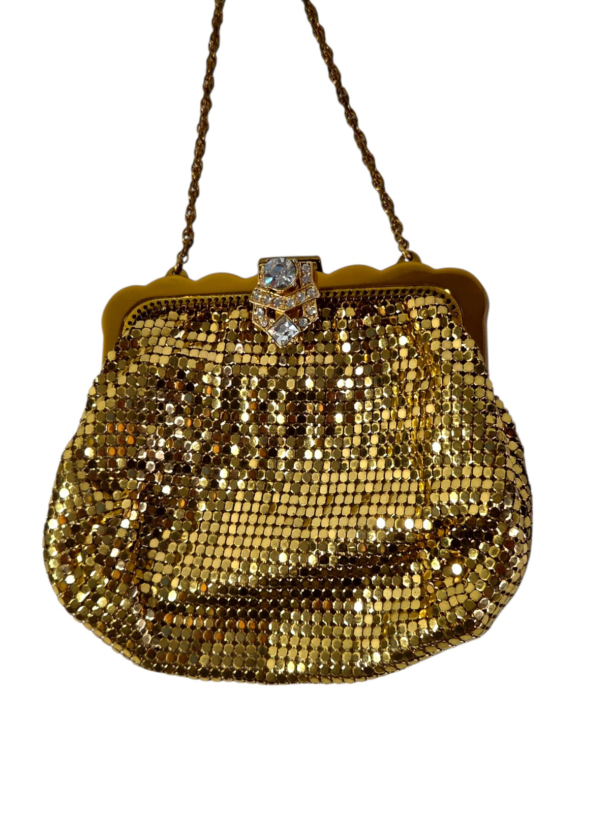 Front of the Whiting & Davis gold mesh bag up close, showing the bright flat mesh and the rhinestone clasp