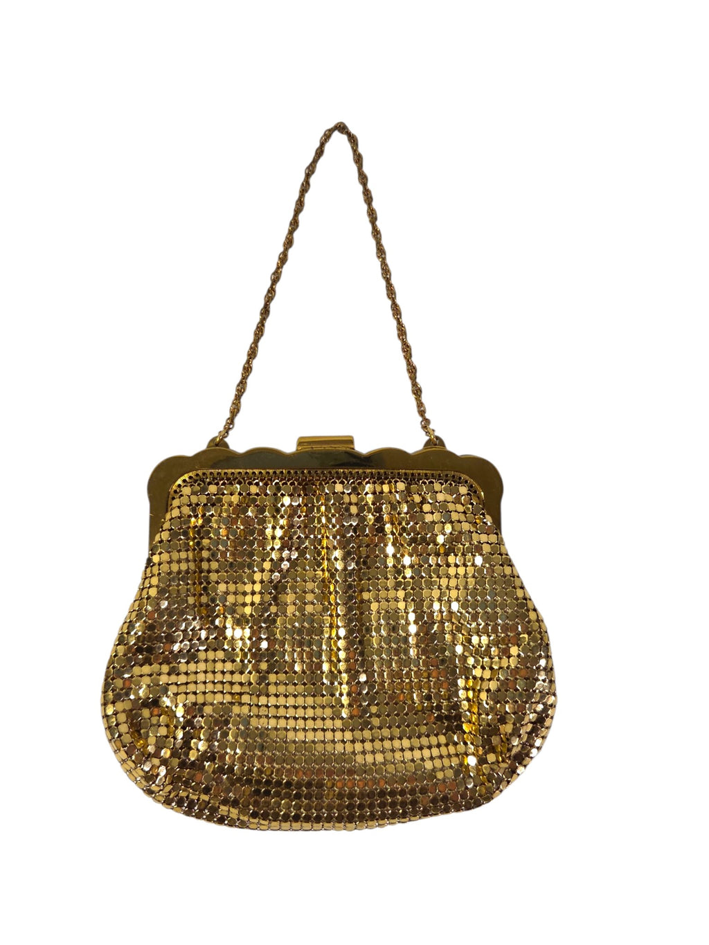 Back of the Whiting & Davis gold mesh evening bag with plain scalloped frame and rope chain handle