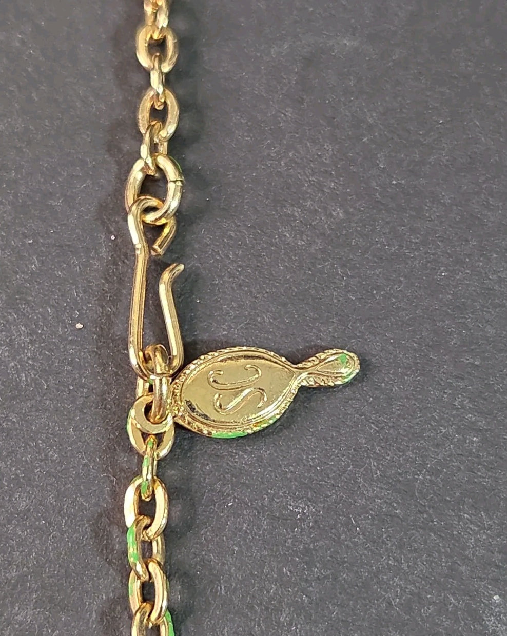Oddly Darling Vintage gold-tone necklace hook clasp featuring a signature SC charm on a delicate chain