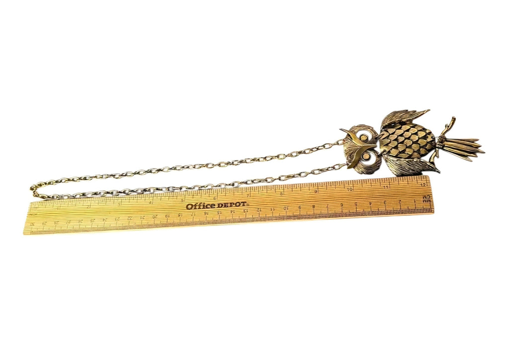 Oddly Darling Vintage gold-tone owl pendant necklace with textured feather details on a matching link chain