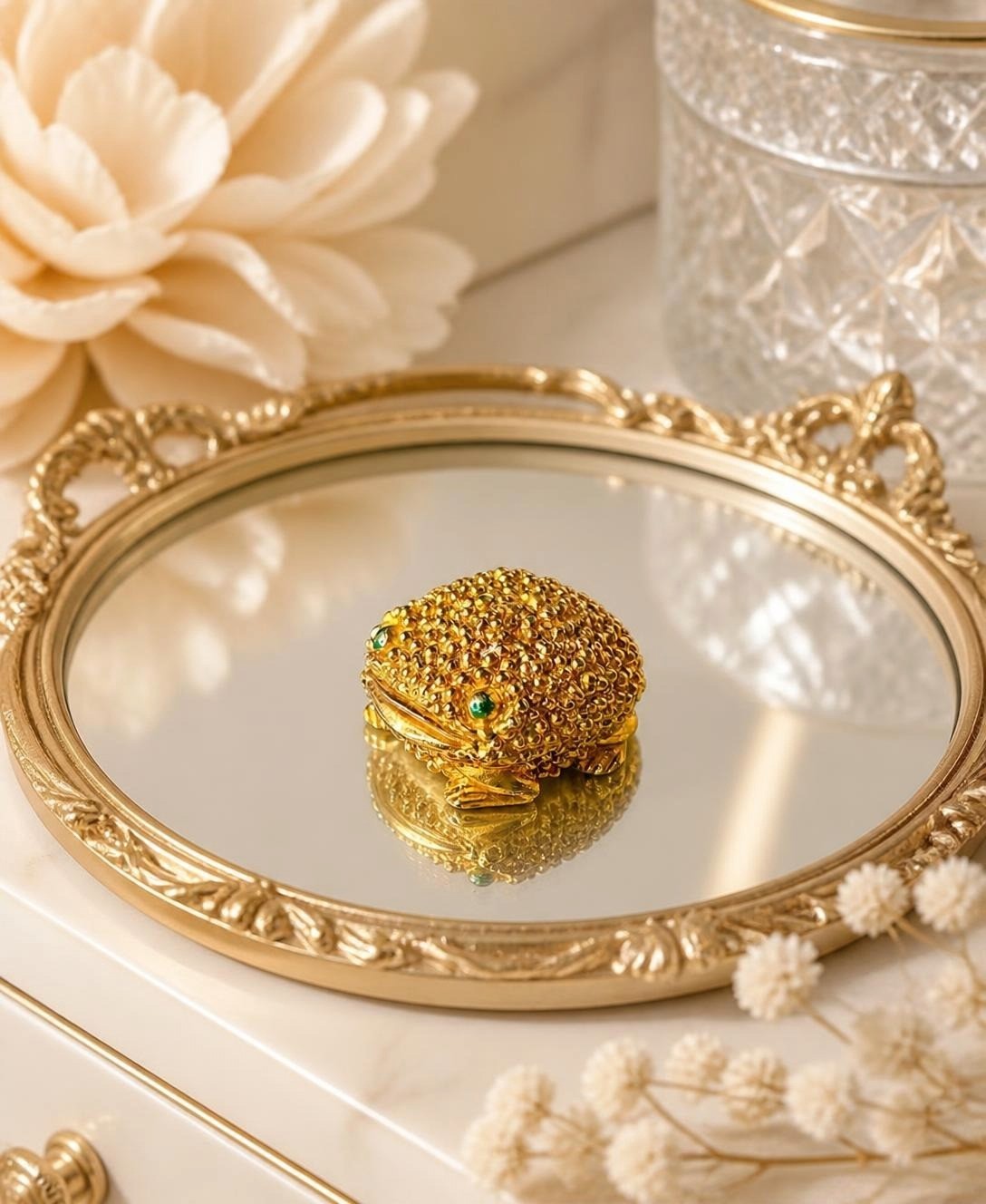 Oddly Darling Vintage gold-tone toad trinket box with pebbled texture and green stone eyes on a mirrored vanity tray.