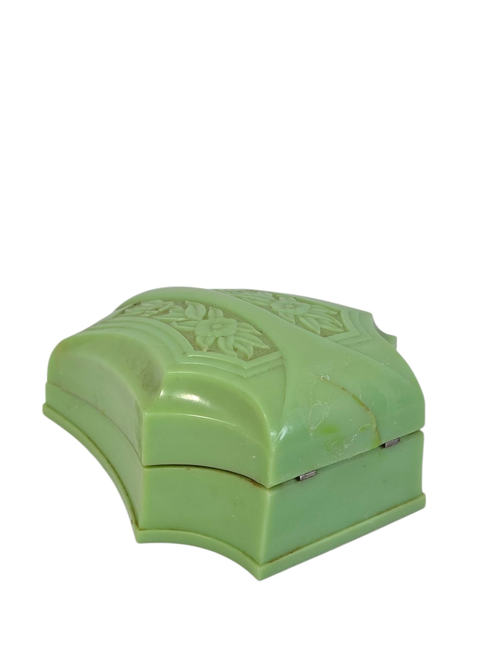 Oddly Darling Vintage J.C. Warner ring box side view showing glued crack on the lid