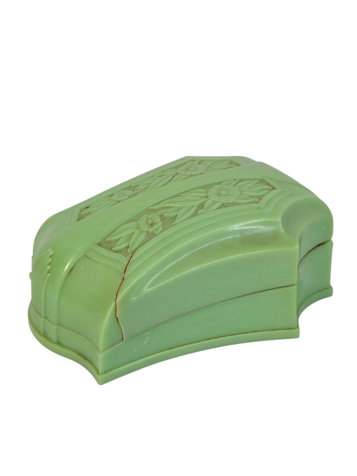 Oddly Darling Vintage Art Deco green celluloid ring box, angled view of floral lid